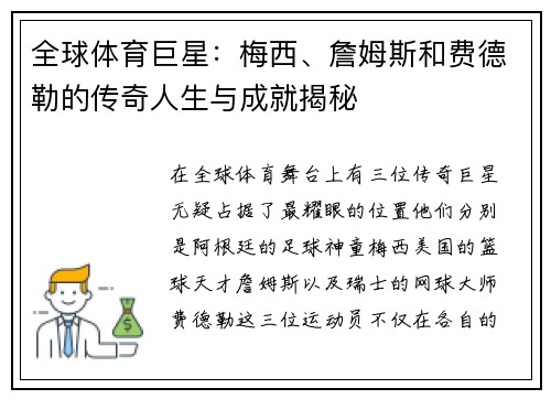 全球体育巨星：梅西、詹姆斯和费德勒的传奇人生与成就揭秘